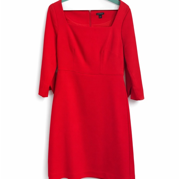 Ann Taylor Red Dress Size 0 3/4 Sleeve Square Neck Fit Flare Career Midi - Picture 2 of 4